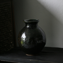 Japanese potter Rakushaki wood-fired hand-twisted cord pattern large pot with flowers in it