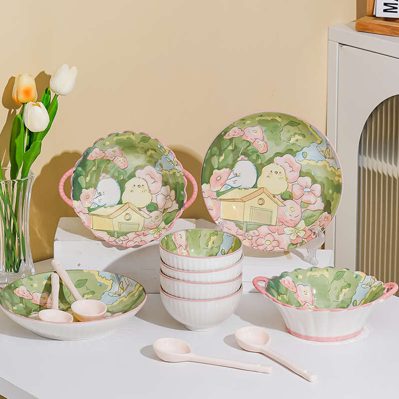 Cute Ceramic Bowl and Plate Set for Home Use, Suitable for One or Two People, 2023 New Model, Bowl, Chopsticks, Dish, Couple's Rice Bowl