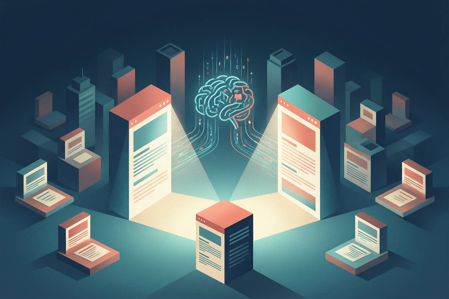 Abstract cityscape illustration showing tall product page buildings illuminated by AI search beams while smaller community platforms sit in shadow