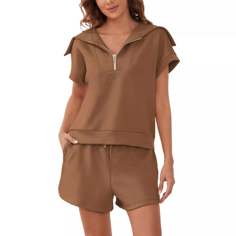2024 European and American Amazon Women's 2-Piece Set Half-Zip Lapel Short-Sleeved Sweatshirt High-Waisted Shorts Sports Suit 2024 European and American Amazon Women's 2-Piece Set Half-Zip Lapel Short-Sleeved Sweatshirt High-Waisted Shorts Sports Suit