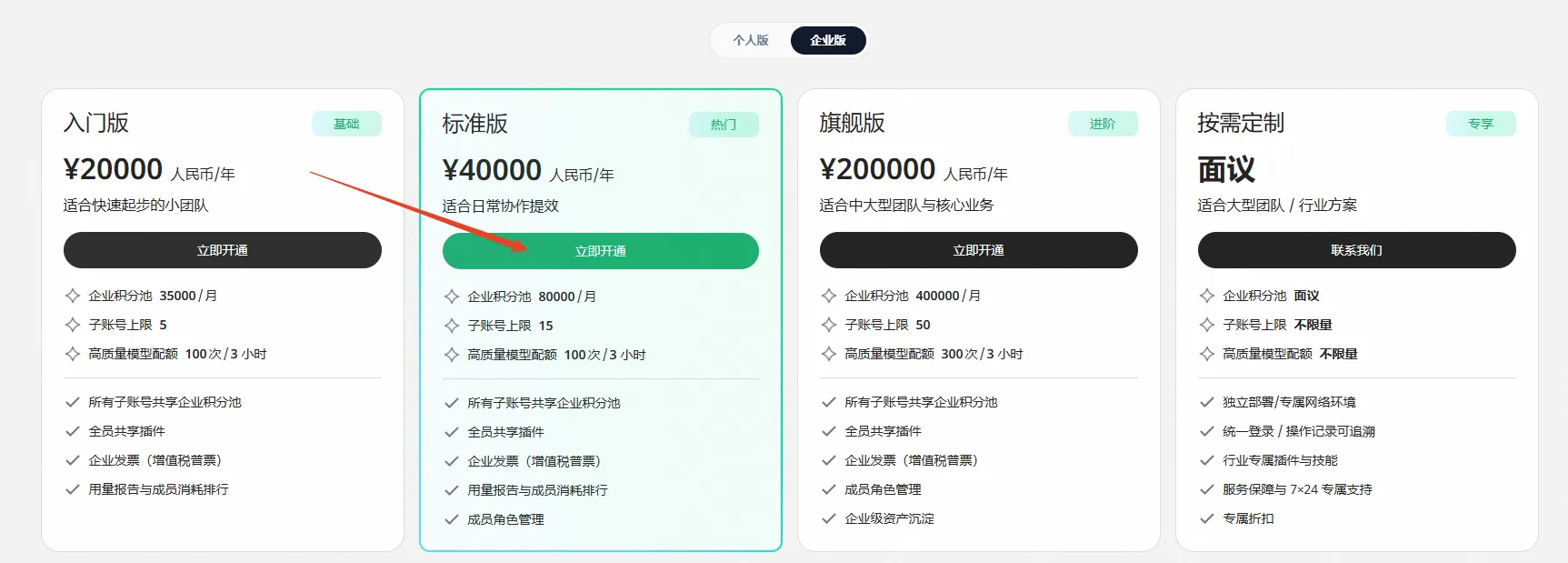 点击立即开通企业版套餐