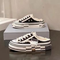 2023 New Summer Thin Beggars Shoes Canvas Shoes Thick Sole Increased Slip-on Toe Half Slipper for Womens Outerwear