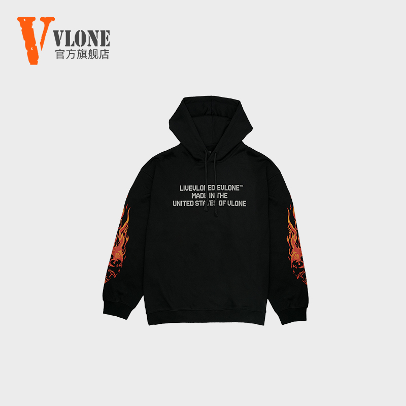 VLONE连帽卫衣2024秋冬爆款美式潮流火焰情侣街头印花大V宽松上衣
