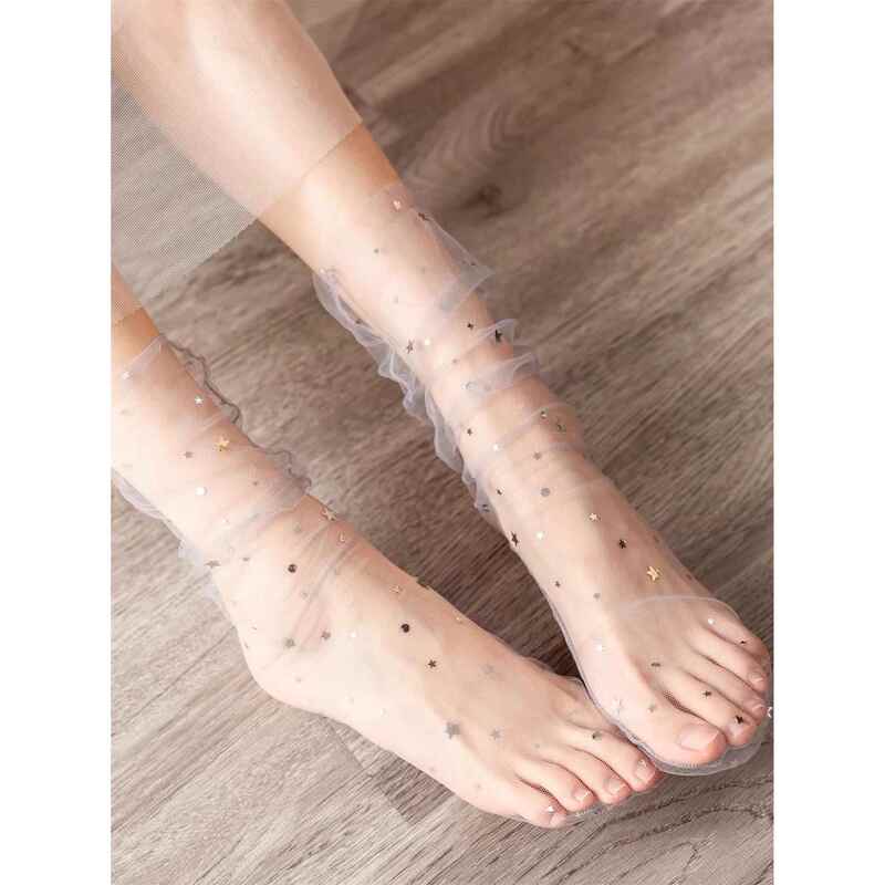 Mesh Long Socks for Women, Summer Ultra-Thin Socks, Transparent Invisible Mid-Calf Socks, Lace Colorful Sequin Fashionable Stacked Socks