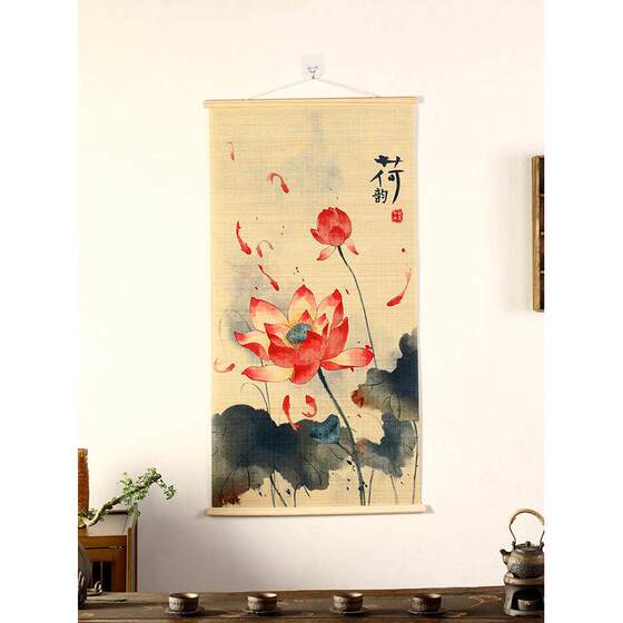 复古印花卷帘子虔诚竹帘片卷轴挂画仕女图茶室壁画背景玄关装饰画
