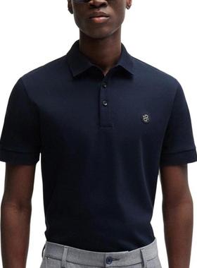 HUGO BOSS FW24 纯色Logo贴花纽扣短袖Polo衫 男款 深蓝色