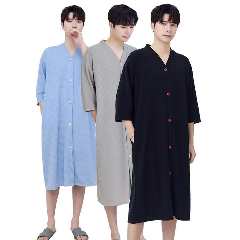 Men's Buttoned Nightgown, Spring and Summer Thin Absorbent Bathrobe, Men's Mid-Length Sleepwear, Wearable as Is, Men's One-Piece Nightdress