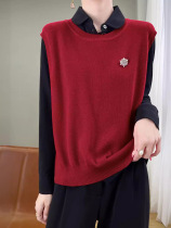 Simple and versatile worsted woolen sweater womens round neck vest solid color western-style back slit vest covering sexy waistcoat