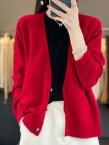 2024 spring new and fake two-piece color-blocked wool cardigan womens long-sleeved round neck knitted sweater loose outer top