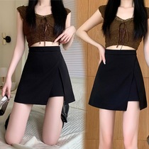 Real shot of plus size womens clothing 2024 spring black slit skirt short skirt design slimming irregular a-line skirt