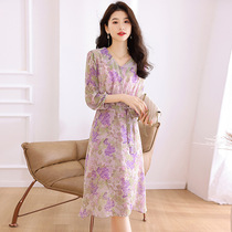 2024 new summer printed chiffon dress slim stylish V-neck casual mid-length skirt