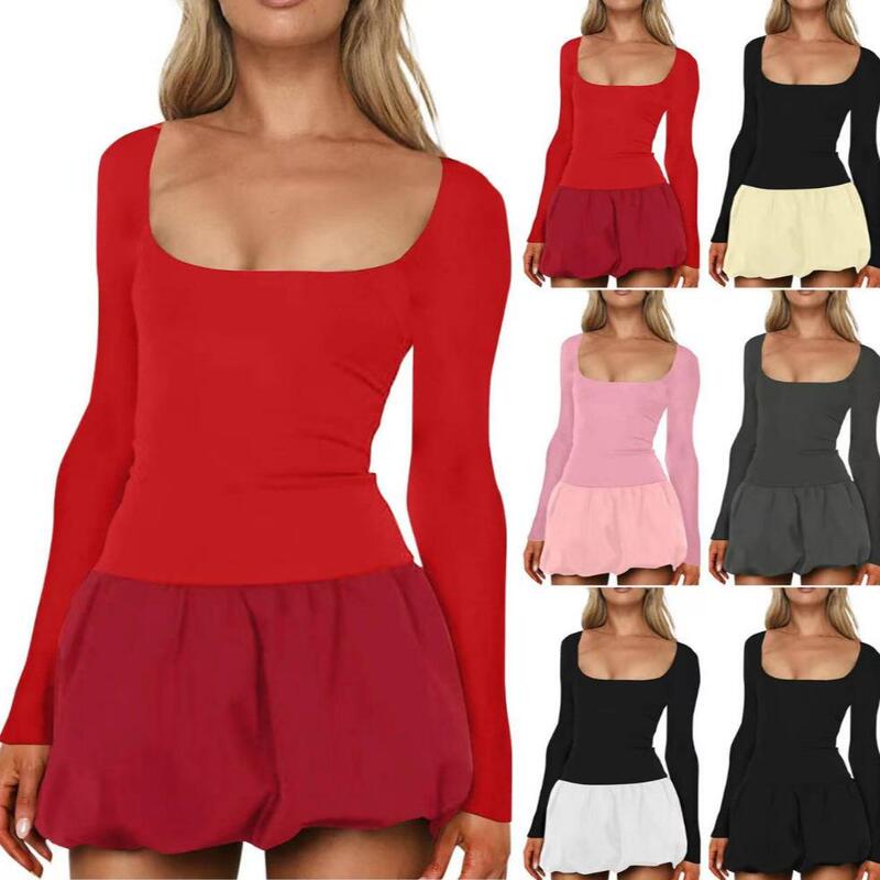 2024 Sexy Ruched Low Round Neck Long Sleeve Puff Mini Dress Women's Clothing