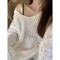 Quickly find cargo Hong Kong style loose sweater for women gentle and lazy style jacquard solid color V-neck pullover versatile sweet and fresh