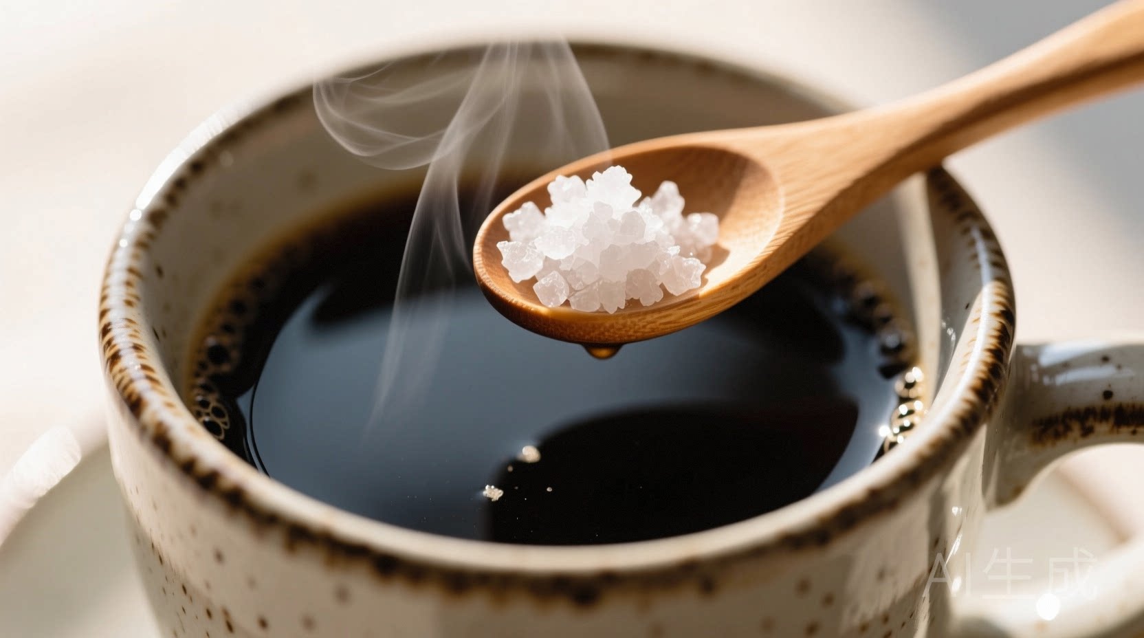 Close-up photo of a ceramic mug with steaming black coffee, a small wooden spoon holding a visible pinch of fine sea salt hovering just above the surface, soft natural light highlighting the texture of both liquid and crystals