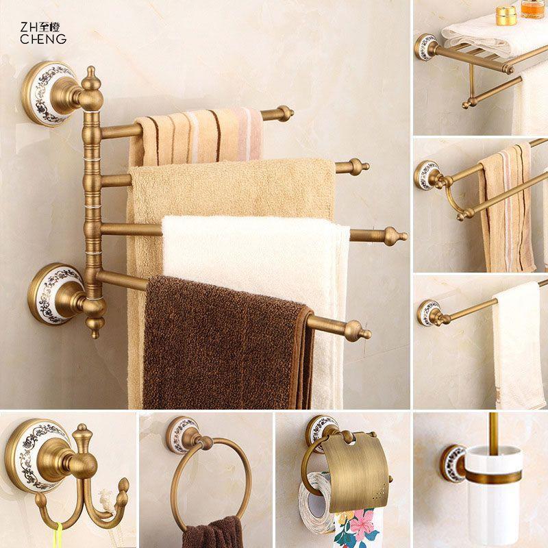 All-Copper European-Style Vintage Movable Towel Rack Set Bathroom Blue and White Porcelain Storage Rack Bathroom Accessories Set