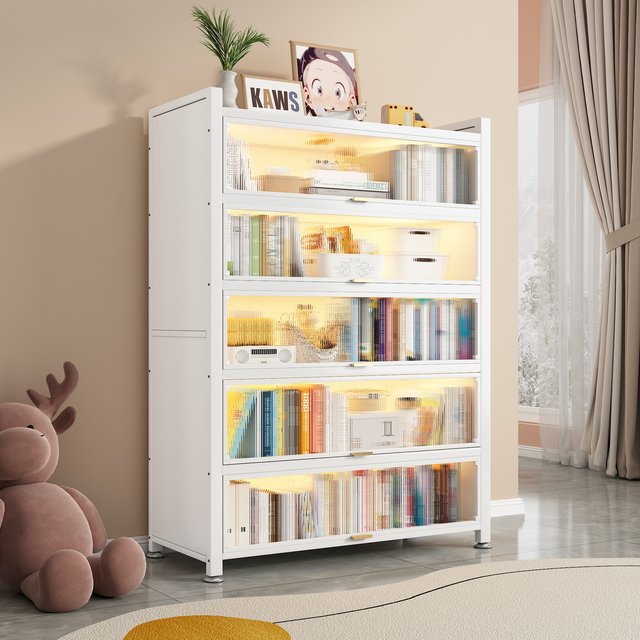 Household steel children's bookcase with door dustproof small bookcase living room storage cabinet floor-standing storage rack iron art flip door