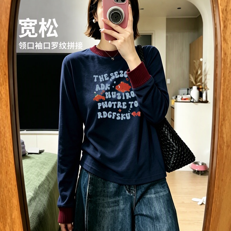 Navy Blue Early Autumn American High Street Style Round Neck Loose Letter Print Long-Sleeve T-Shirt for Women, Casual Top for Wearing Alone