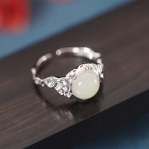 Fashion INS niche design irregular surface texture Hetian jade S925 sterling silver open ring for women