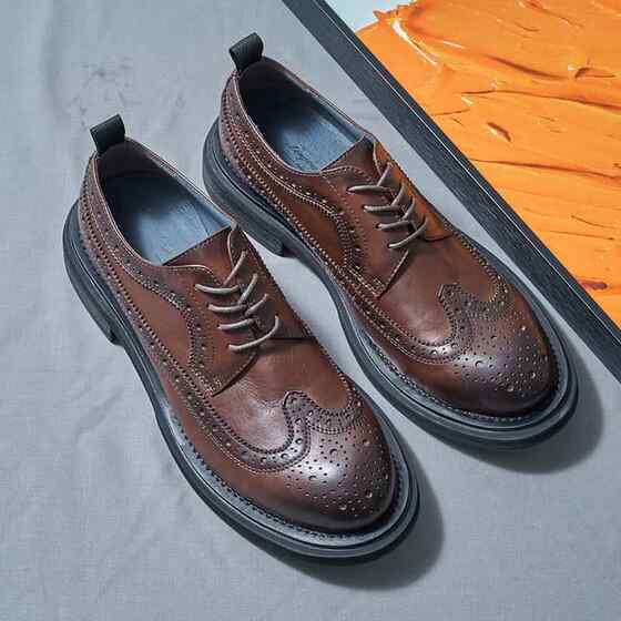 Jixu Big-Toe Leather Shoes Handmade British Round-Toe Brogue Carved Men's Business Formal Wear Casual Thick-Soled Trbottomy