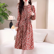 Fungus lace lace long-sleeved dress 2024 spring and autumn new chiffon print age-reducing fashionable temperament skirt