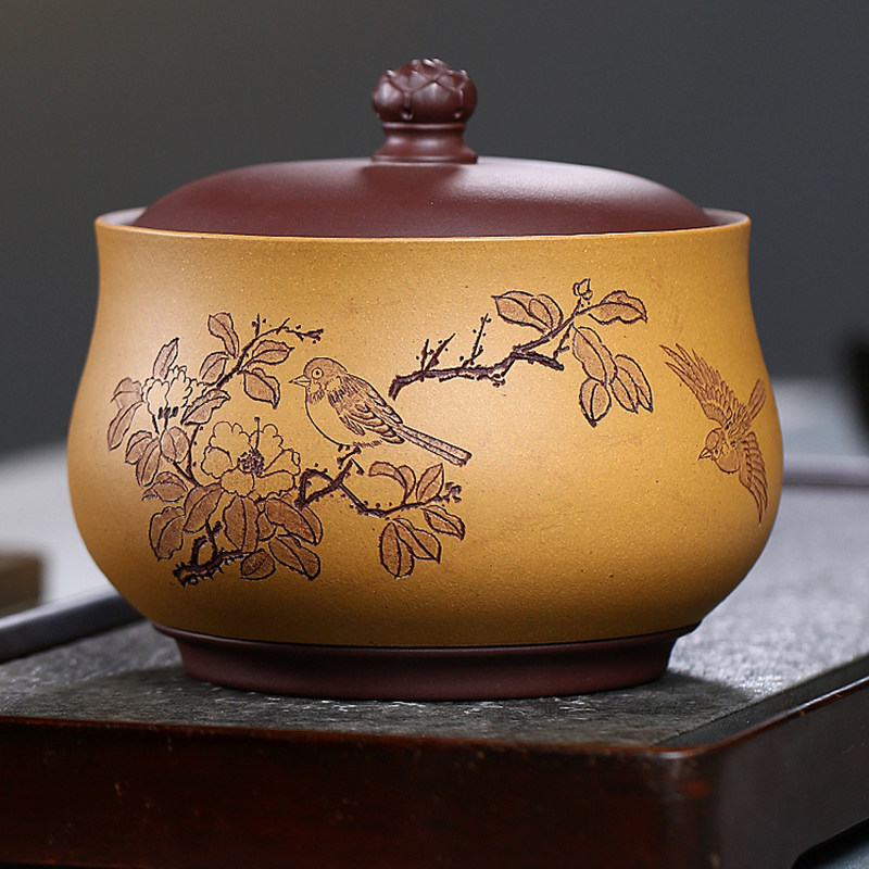 Yixing purple sand tank strength of the teacher Spring Feng delighted double powder yellow band high 15 cm raw mine artisanal tea cans