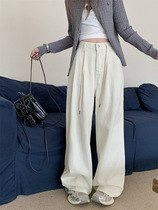 American Retro Pocket Drawstring Jeans Womens 2024 New High Waist Slim Drape Straight Wide Leg Floor-Mopping Trousers