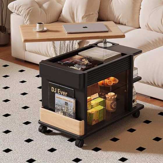 全实木升降茶几小户型家用客厅不占空间的中古风移动多功能小推车