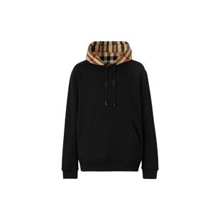 博柏利 男款 FW22 百搭格纹拼接套头连帽卫衣 黑色 时尚 BURBERRY