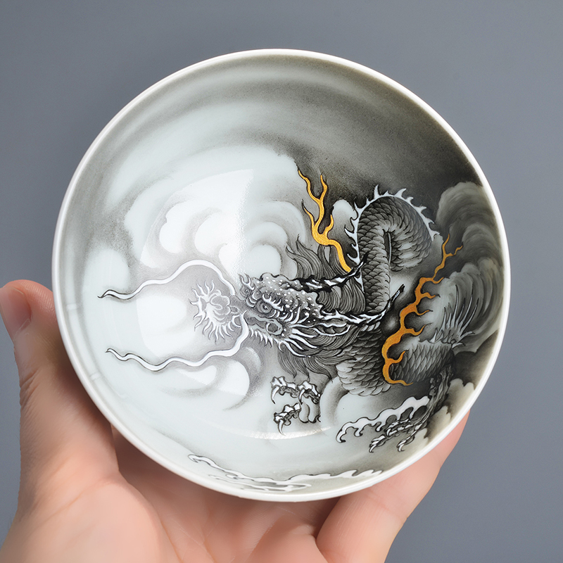 Gewu enamel color ochre ink painting gold over the wall Canglong goes out to sea lying foot cup teacup master cup kung fu tea set