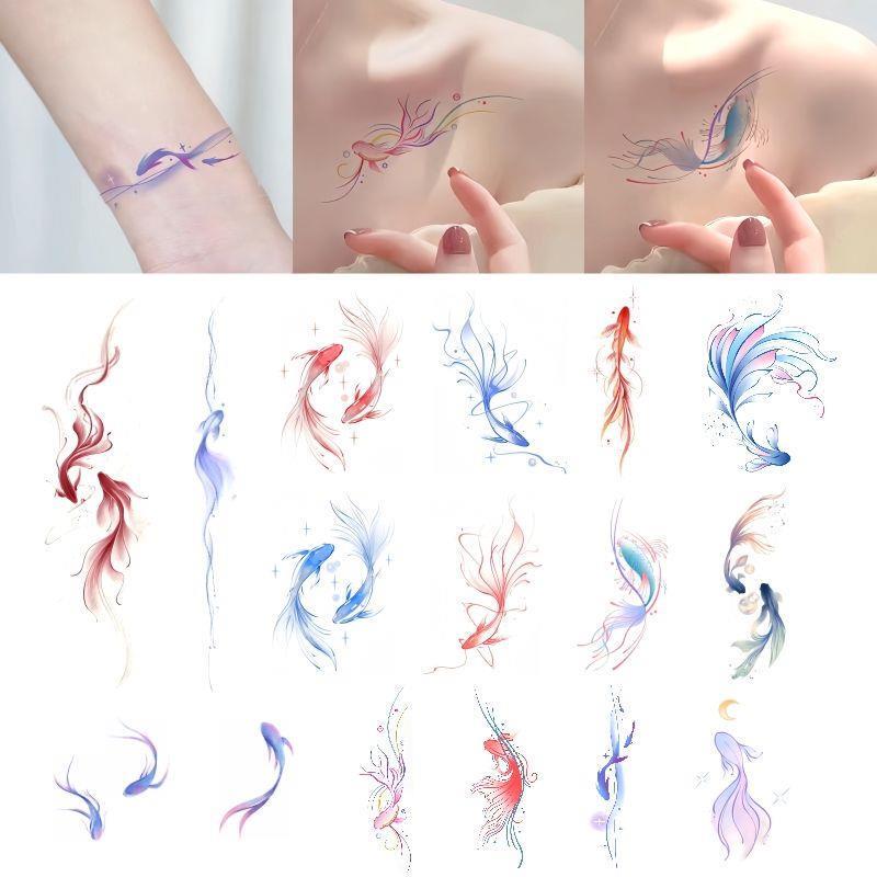 Lucky Koi Goldfish Colorful Tattoo Stickers Waterproof Small Fresh Female Long-Lasting Wrist Pisces Stickers Chinese Style Painting