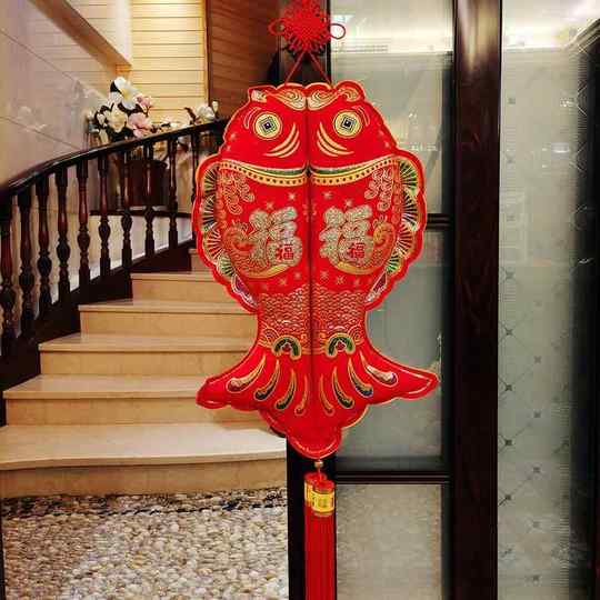 New Year and Spring Festival Large Chinese Knot Pisces Pendant Fabric Embroidered Fu Character Pair of Fishes Prosperity Every Year Living Room Hanging Decoration