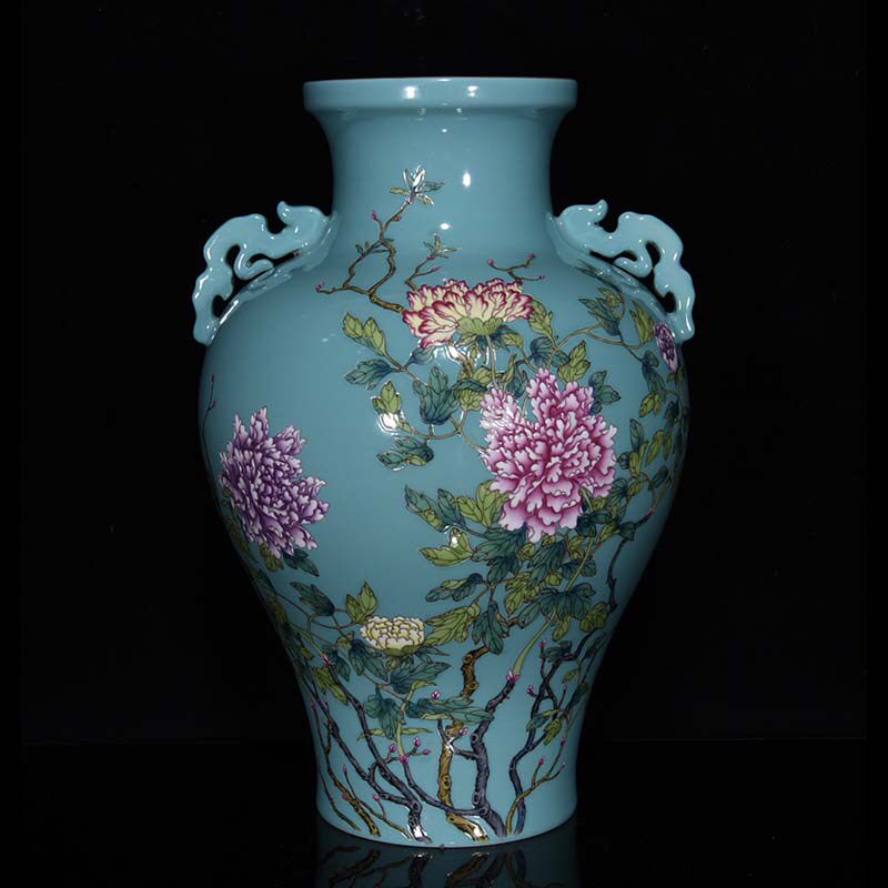CQ2657 Qing Dynasty Yongzheng green field pastel flower pattern amphora