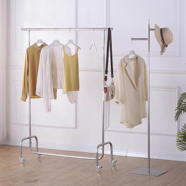 Clothing Store Display Rack Floor-Standing Clothes Hanging Rod Stainless Steel Brushed Silver with Wheels Women's Clothing Store Shelf Display Rack
