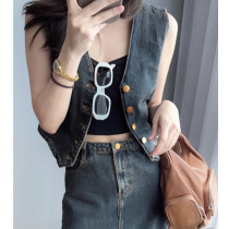 2024 Spring New Versatile Back Ear Denim Vest Retro Nostalgic Distressed Washed V Neck Slim Short Vest