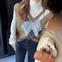 Contrast color retro rhombus knitted vest for women spring new college style pullover vest sweater outer layering top