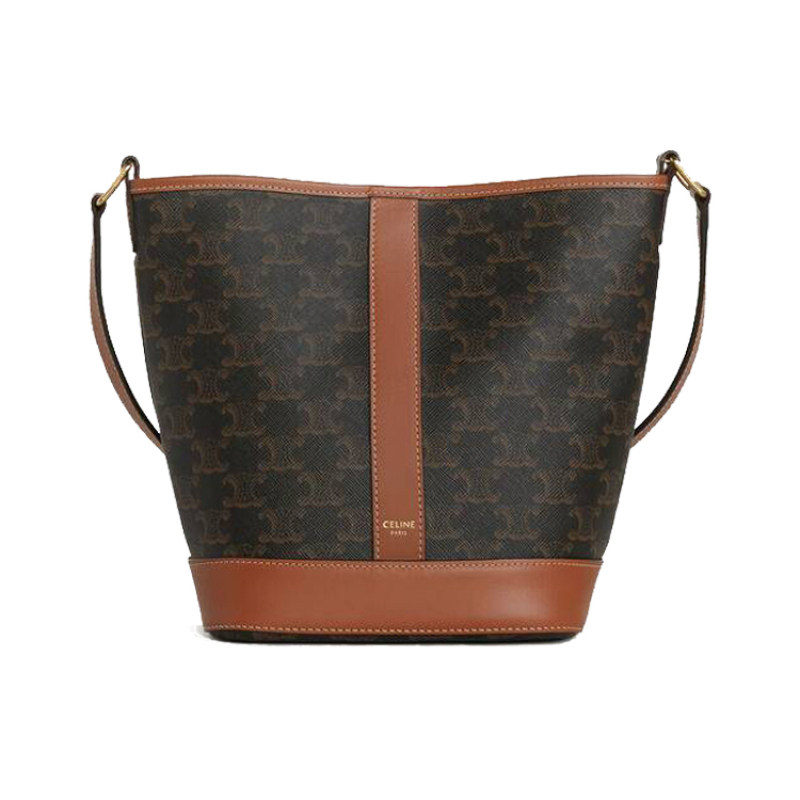 9.9新Celine/思琳Triomphe凯旋门人造革拼牛皮革黄褐色小号单肩包图片
