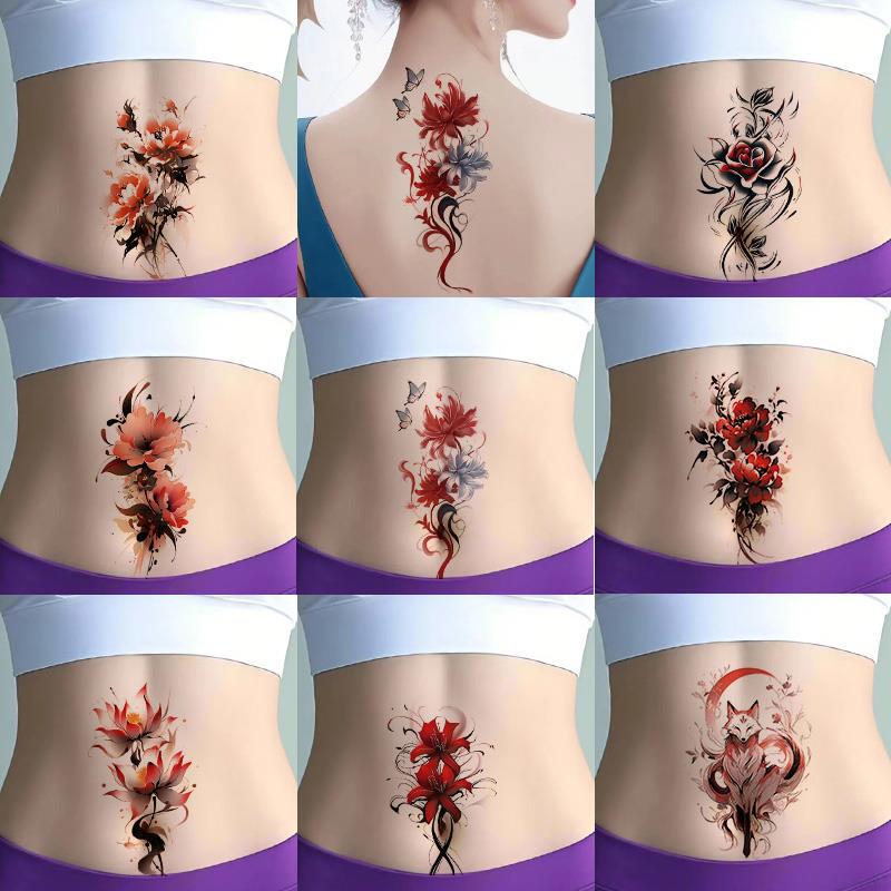 8 Colorful Tattoo Stickers for Women, Long-Lasting Waterproof, High-End, Lower Abdomen and Belly Covering Scars, Fox Flower Pattern