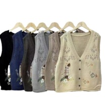 Quickly find forest style embroidered flower top loose cotton womens knitted vest spring and autumn new hook pattern hollow