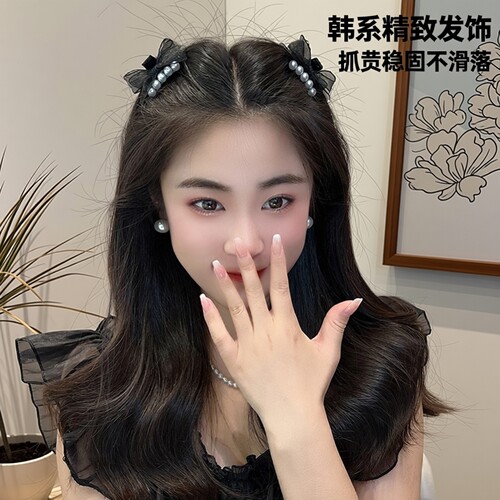 新款珍珠网纱蝴蝶结小抓夹气质