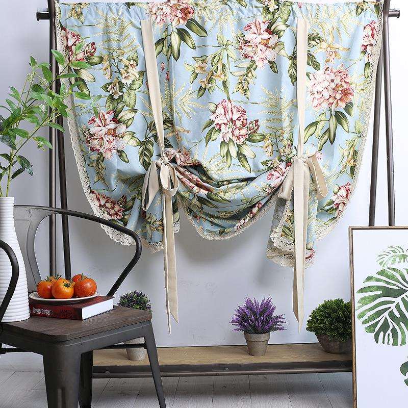 Iris Light Blue Background American-Style Large Floral Baroque Court Style Pull-Up Curtain Door Curtain