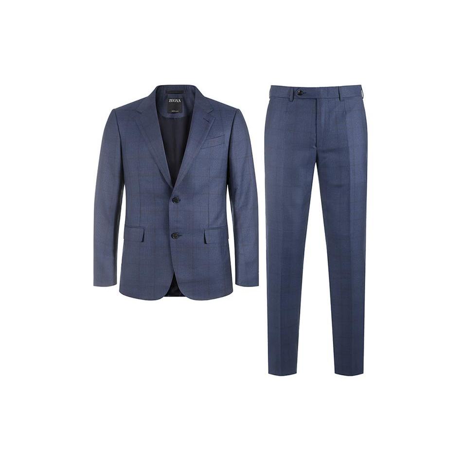 Zegna 格纹翻领单排扣长袖西装套装 男款 深蓝色