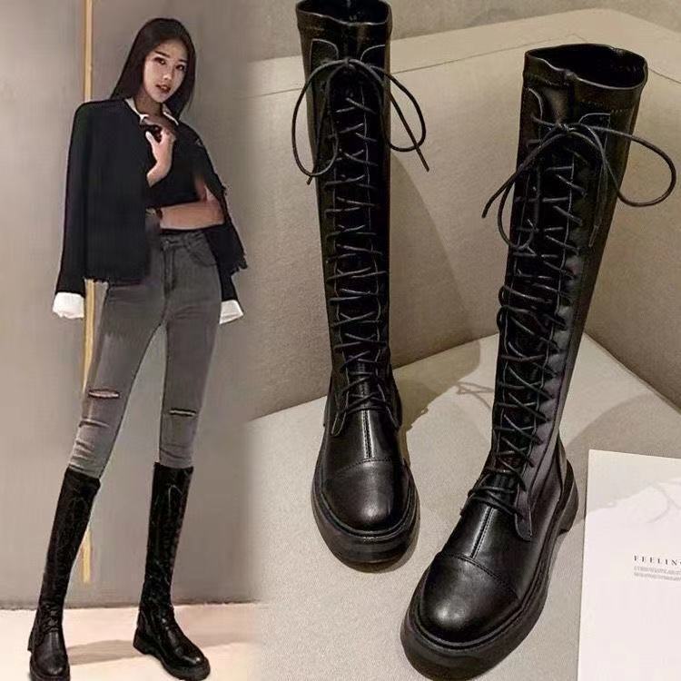 Rider Boots Flat Long Boots for Women 2025 New Autumn and Winter Thick-Soled Black Lace-Up Trendy Boots