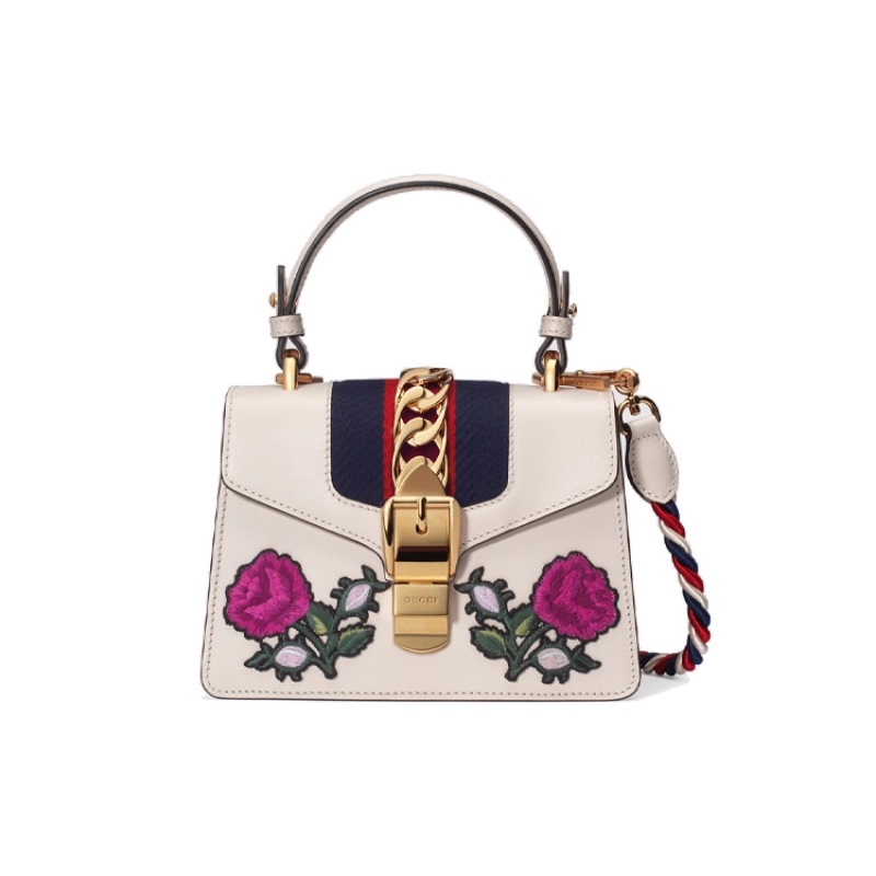 9.9 New Gucci Sylvie Gold Buckle Floral Embroidered Striped Webbing Leather Shoulder Crossbody Handbag