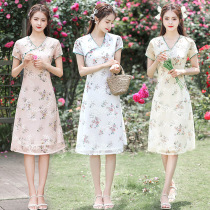 2024 new Chinese style Ao Dai mid-length V-neck oblique placket short-sleeved improved petite dress daily cheongsam