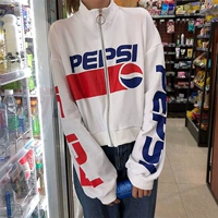 Pepsi-Cola mẫu áo len ngắn nữ cổ cao mỏng dây kéo ngắn áo khoác pepsi áo sơ mi nữ lỏng lẻo - Áo len áo hoodie nữ form rộng