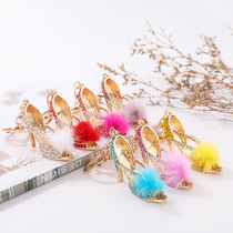 Creative high-end fur ball high-heeled shoes car key chain metal dot diamond handmade bag accessories Korean version rhinestone shoe pendant