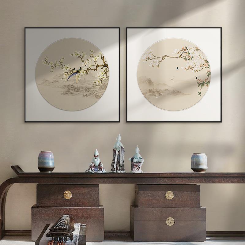 Flower and Bird Decorative Painting, New Chinese-Style Entrance Painting, Restaurant and Tea House Zen-Style Hanging Painting, Corridor and Aisle Background Wall Square Mural