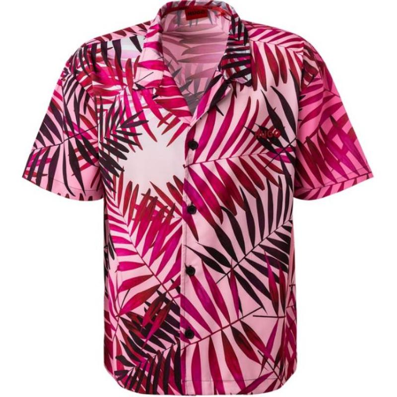 HUGO BOSS 植物印花翻领纽扣直筒短袖衬衫 男款 红色