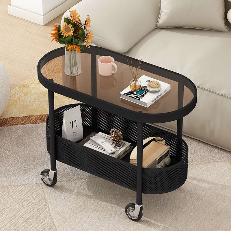 Cream style movable small coffee table sofa side table living room wheeled trolley side cabinet simple modern bedside table