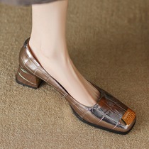 2024 Spring New First Layer Metal Thick Heel Medium Heel Square Toe Shallow Mouth Slip-on Shoes for Women